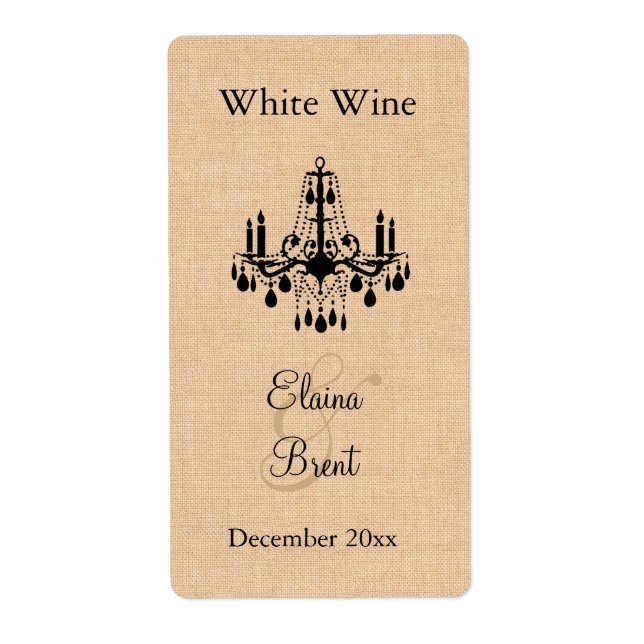 Chandelier on Burlap Wedding Wine Label (Front)