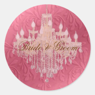 Chandelier on pink champagne/ baroque faux velvet classic round sticker