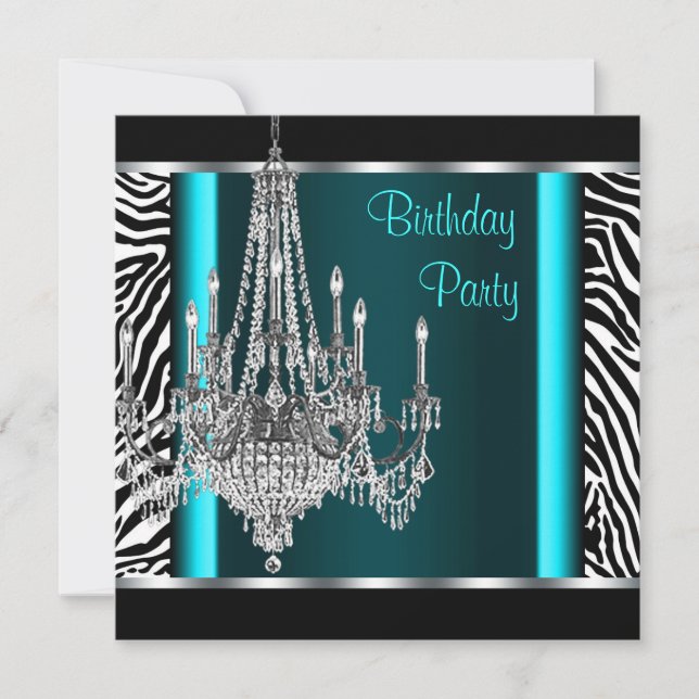 Chandelier Teal Blue Zebra Birthday Party Invitation (Front)