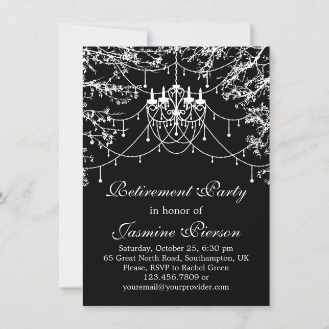 Chandelier, tree lights at night Retirement Party Invitation (Front)