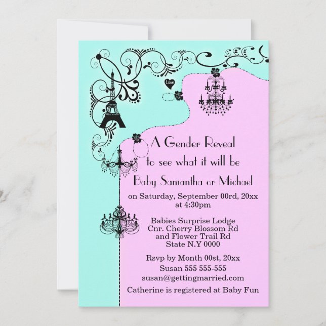 Chandelier whimsical baby reveal Paris Invitation (Front)