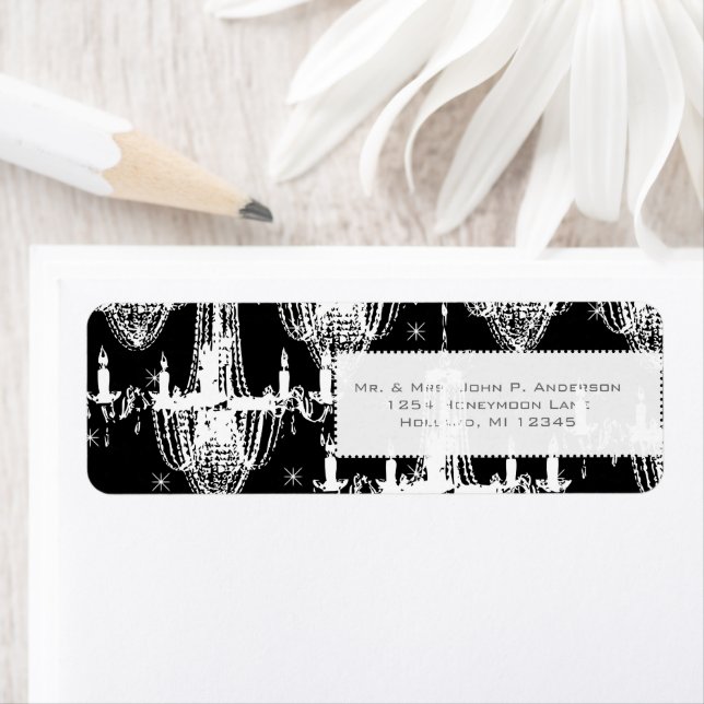 Chandeliers & Stars On Black Return Address Label (Insitu)
