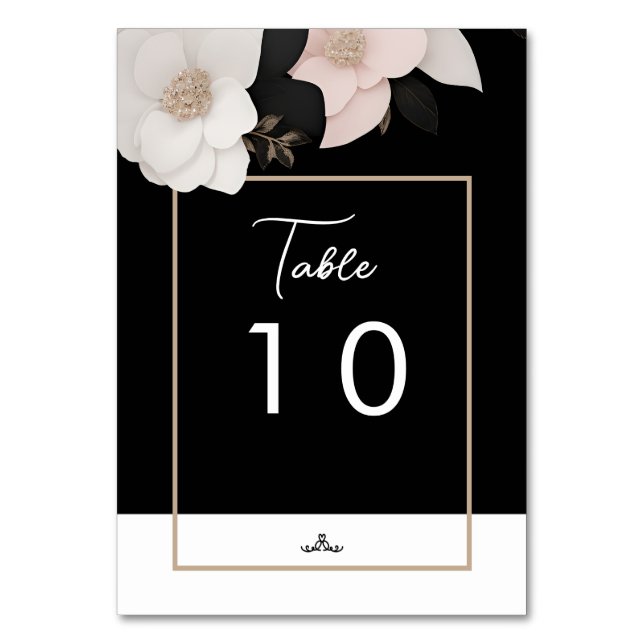 Chanel black and white bejeweled floral wedding table number (Front)