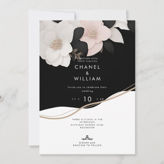 Chanel-inspired black and white floral wedding invitation (Front)