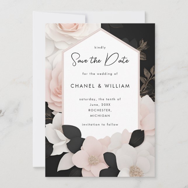 Chanel-inspired black and white save the date invitation (Front)