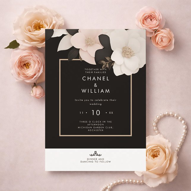 Chanel-inspired black floral wedding invitation (Elegant chanel-inspired wedding invitation with jewel decoratet floral, pink and black.)