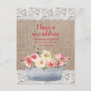 Change Address Metal Tub Pink Cream Flowers Postcard