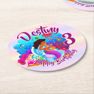 Change Age Name Mermaid Birthday Party Personalise Round Paper Coaster