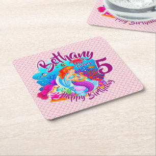 Change Age Name Mermaid Birthday Party Personalise Square Paper Coaster