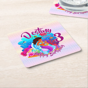 Change Age Name Mermaid Birthday Party Personalise Square Paper Coaster