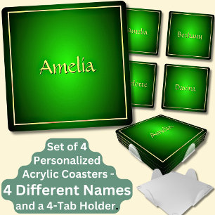 Change ALL Names, 3d Green with Golden Border  Coaster Set