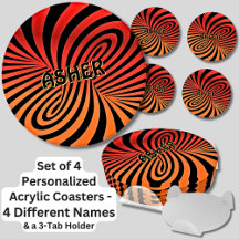 Change ALL Names, Orange Black Swirl Set 4 Round