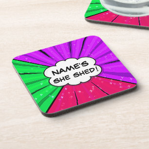 Change ALL Text Add Name She Shed Comic Style Coaster