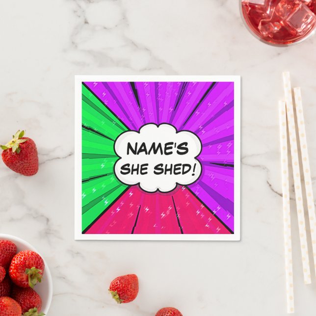 Change ALL Text Add Name She Shed Comic Style      Napkin (Insitu)
