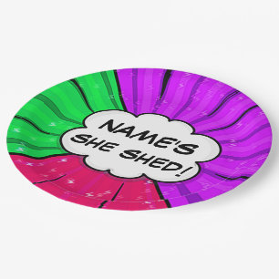 Change ALL Text Add Name She Shed Comic Style      Paper Plate