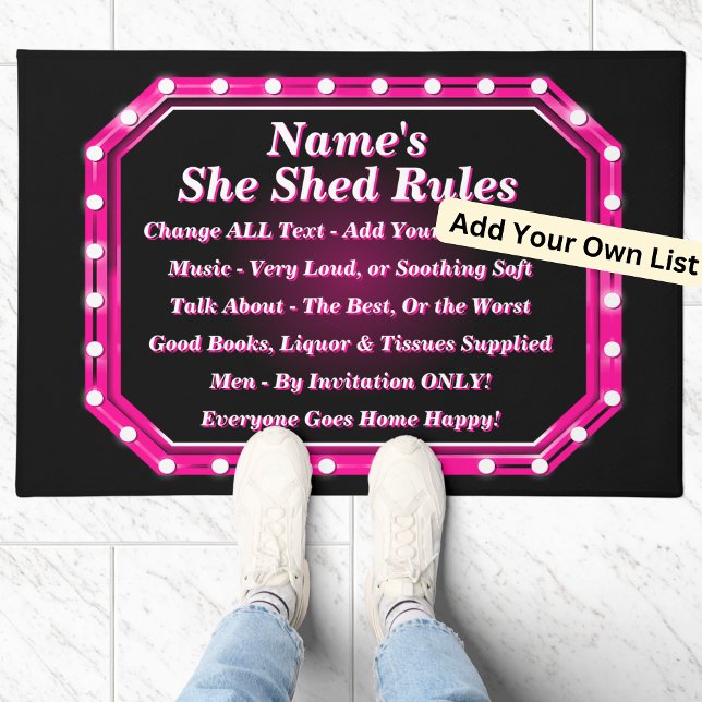 Change ALL Text Add Name She Shed Rules Pink Light Doormat (Creator Uploaded)