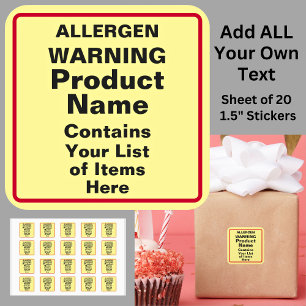 Change ALL TEXT Allergen Warning, Black Red Yellow Square Sticker