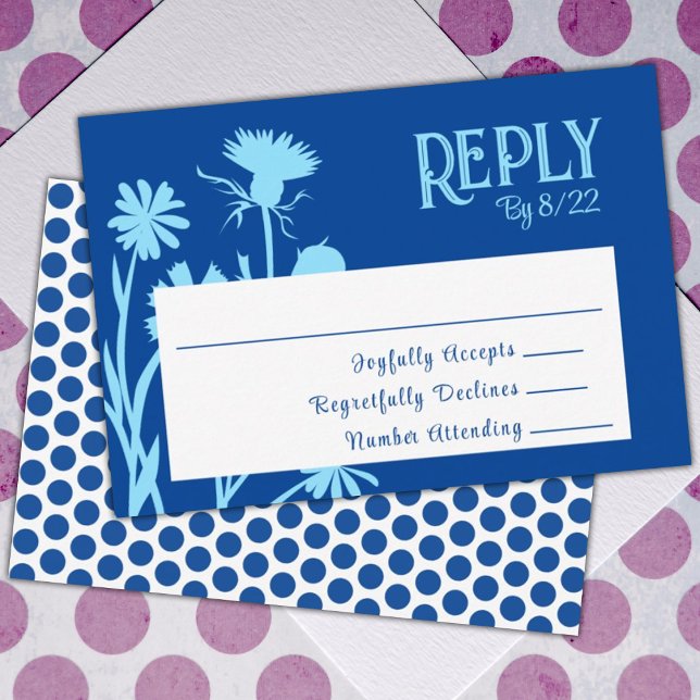 Change Colours of Blue Flowers RSVP Card (royal blue floral bat mitzvah reply rsvp enclosure card cute polka dots and flowers blue)