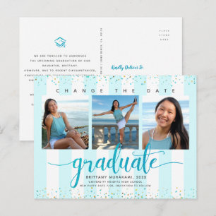 Change date graduation photo chic turquoise script invitation postcard
