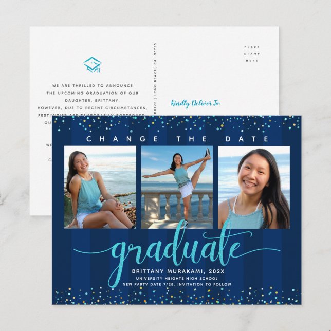 Change date graduation photo turquoise script navy invitation postcard (Front/Back)