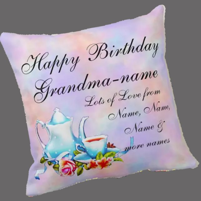 Change Grandma Name Text Teapot Floral Birthday Cushion (Creator Uploaded)