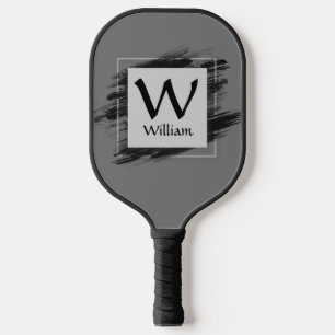 Change Initial, Add Name, Black Brush Stroke Grey Pickleball Paddle