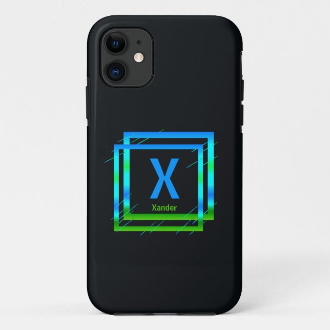 Change Initial Add Name Blue Green Squares Case-Mate iPhone Case (Back)