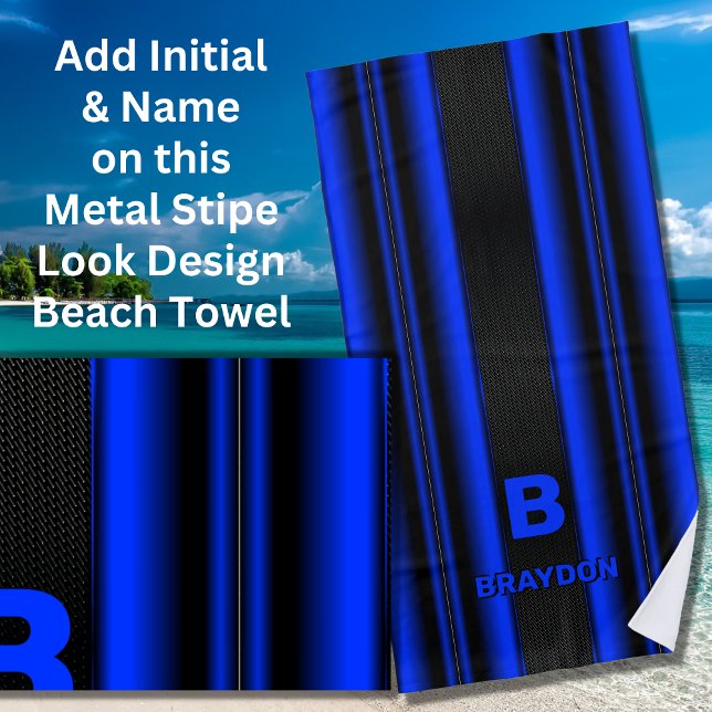 Change Initial Add Name Blue on Black Stripes    Beach Towel (Creator Uploaded)