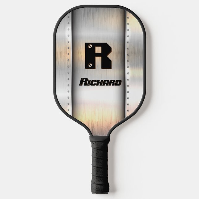 Change Initial, Add Name, Brushed Metal Strips,  Pickleball Paddle (Front)