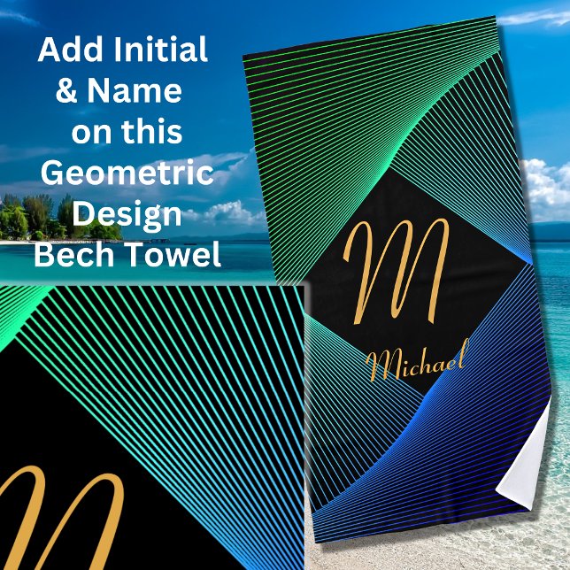 Change Initial Add Name Geometric Green Blue Swirl Beach Towel (Creator Uploaded)