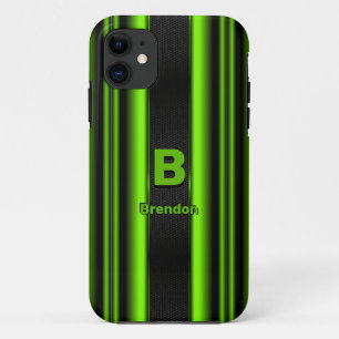 Change Initial Add Name Green & Black Stripes    iPhone 11 Case