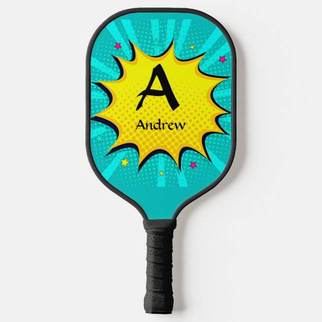 Change Initial, Add Name, Pop Art Aqua Blue Yellow Pickleball Paddle (Back)