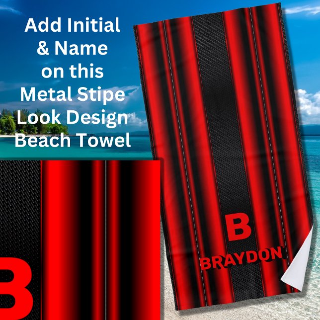 Change Initial Add Name Red on Black Stripes Beach Towel (Creator Uploaded)