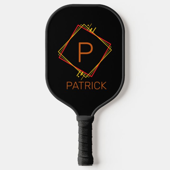 Change Initial, Add Name Red Yellow Squares Black  Pickleball Paddle (Front)