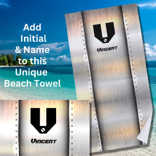 Change Initial, Add Name, Silver Metal Strips Beach Towel