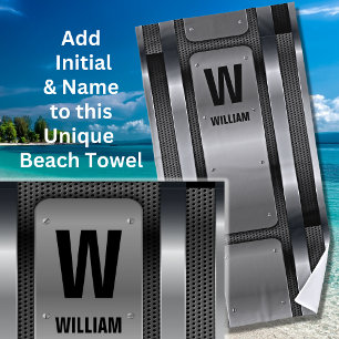 Change Initial, Add Name, Silver Metallic Beach Towel
