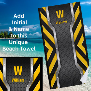 Change Initials, Add Name, Safety Yellow Black Beach Towel