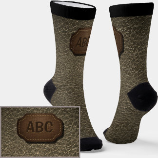 Change Initials, Leather Badge  Leather Look Brown Socks
