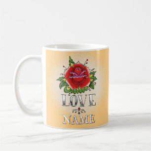 Change Name Add Text Red Rose Tattoo LOVE Coffee Mug
