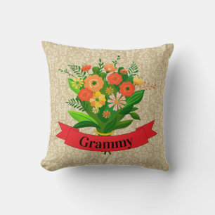 Change Name Grandmother Grammy Flowers on Damask Cushion