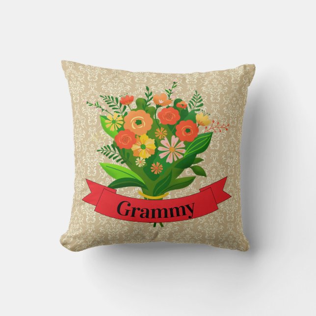 Change Name Grandmother Grammy Flowers on Damask Cushion (Front)