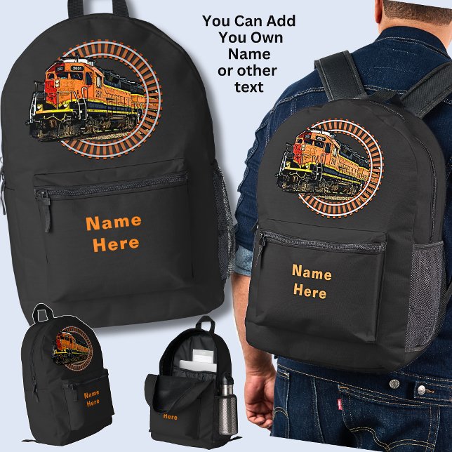 Change Name  Orange Diesel Train on BLACK Printed Backpack (Creator Uploaded)