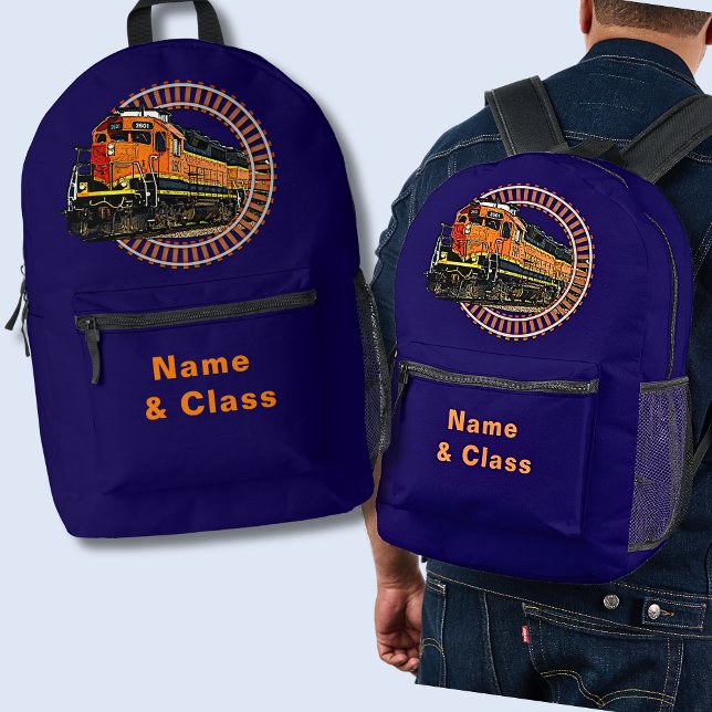 Change Name Orange Diesel Train on Navy Blue Printed Backpack (Creator Uploaded)