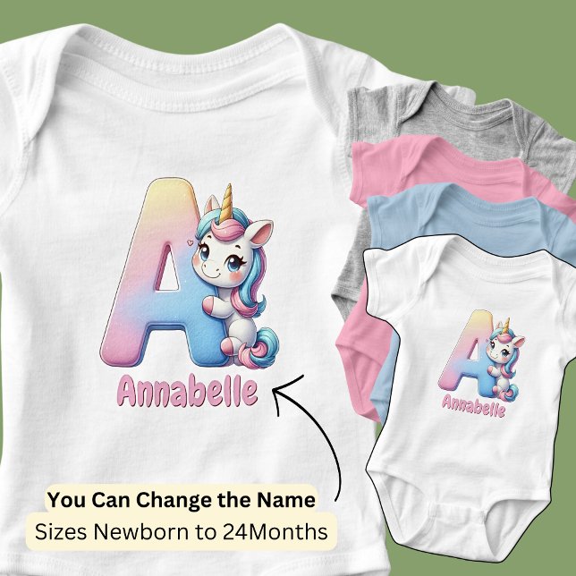 Change Name Pretty Pink Blue Cute Letter A Unicorn Baby Bodysuit (Creator Uploaded)