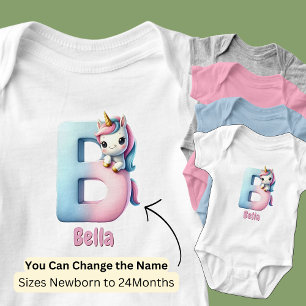 Change Name Pretty Pink Blue Cute Letter B Unicorn Baby Bodysuit