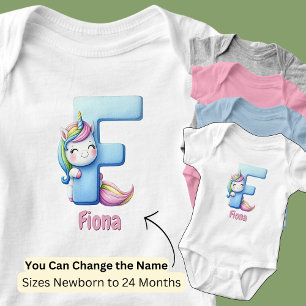 Change Name Pretty Pink Blue Cute Letter F Unicorn Baby Bodysuit