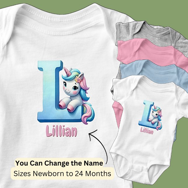 Change Name Pretty Pink Blue Cute Letter L Unicorn Baby Bodysuit (Creator Uploaded)