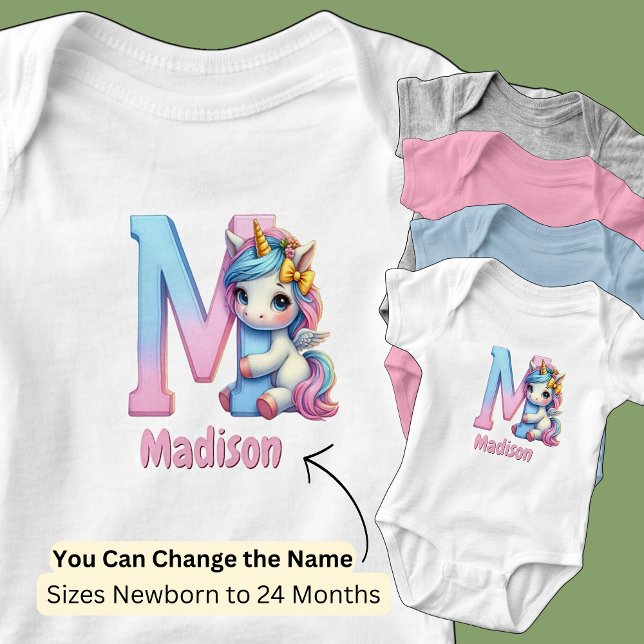 Change Name Pretty Pink Blue Cute Letter M Unicorn Baby Bodysuit (Creator Uploaded)