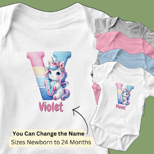 Change Name Pretty Pink Blue Cute Letter V Unicorn Baby Bodysuit