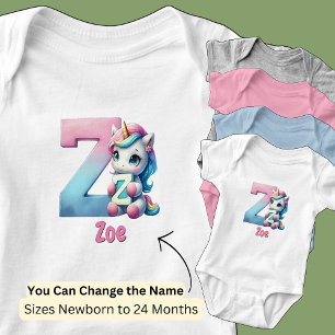 Change Name Pretty Pink Blue Cute Letter Z Unicorn Baby Bodysuit